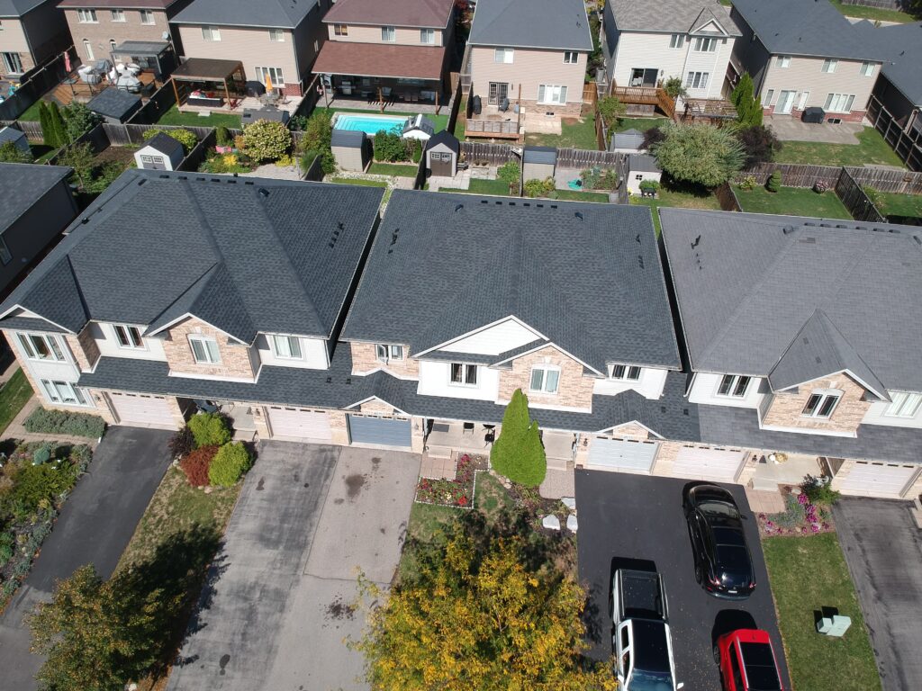 Beamsville townhome roofs with new grey shingles