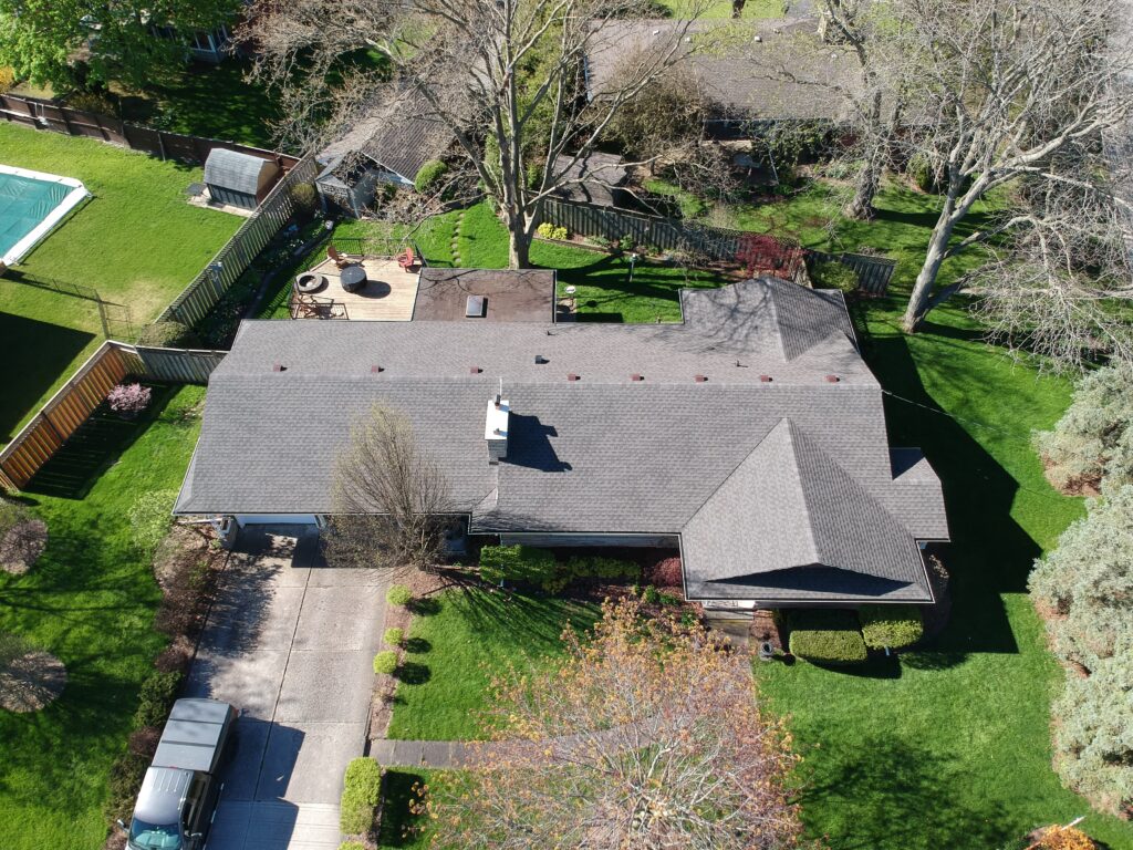 Bungalow in Smithville, Ontario with a new grey architectural shingle roof, aerial view