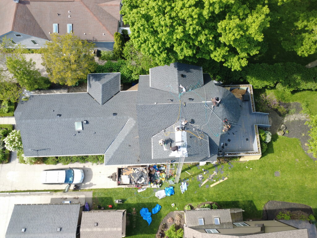 Fort Erie home with a new grey shingle roof, aerial view