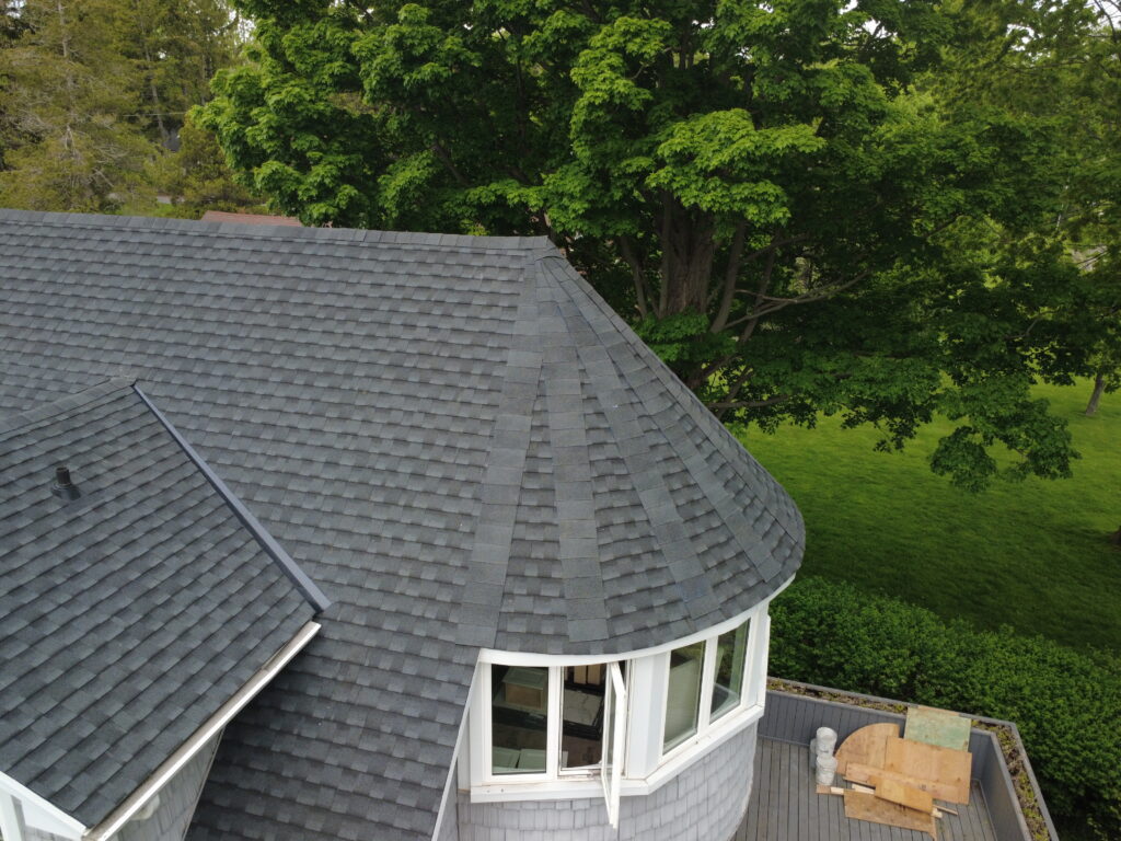 Turret on a Fort Erie home with new grey architectural shingles