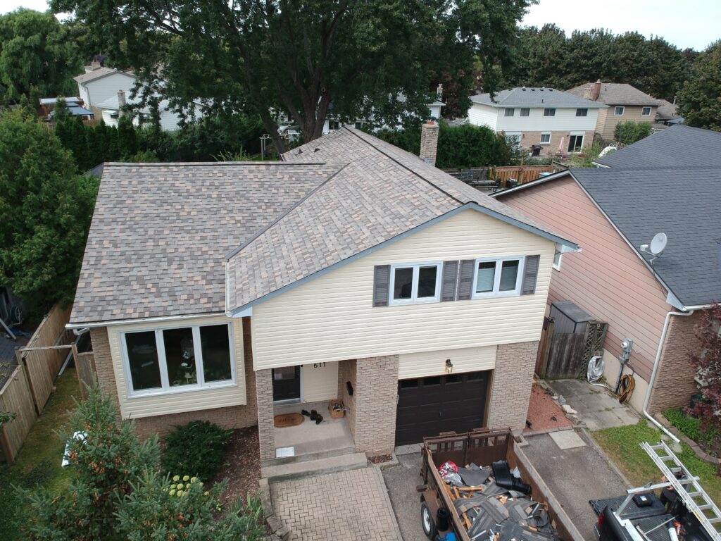 Two-storey family home in St. Catharines with a new light grey shingle roof