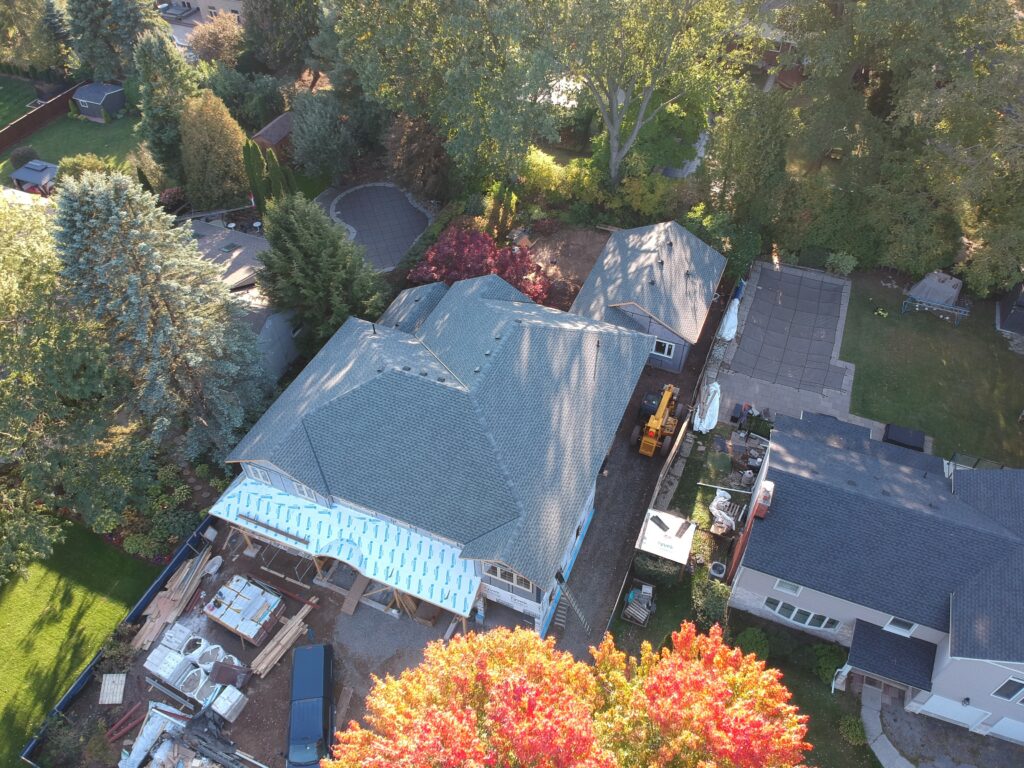 Ancaster home with a new grey shingle roof, aerial view